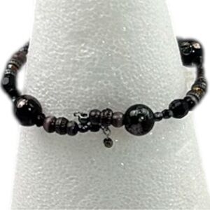 Gothic Black Floral Glass Beaded Stretch Bracelet‎ Boho Layered 7”